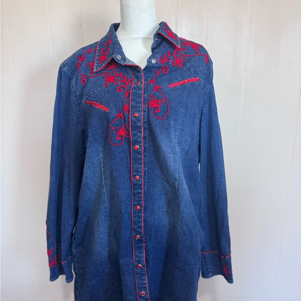Tasha Polizzi Denim Midi Dress with Red Embroidery